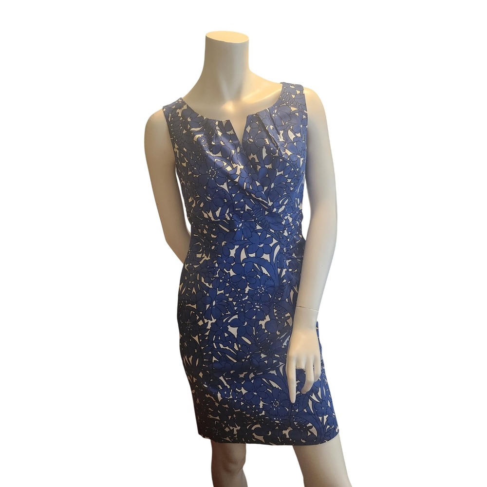 Cleo Petite Blue White Floral Sheath Dress Pleated Neckline Sleeveless Size 6P